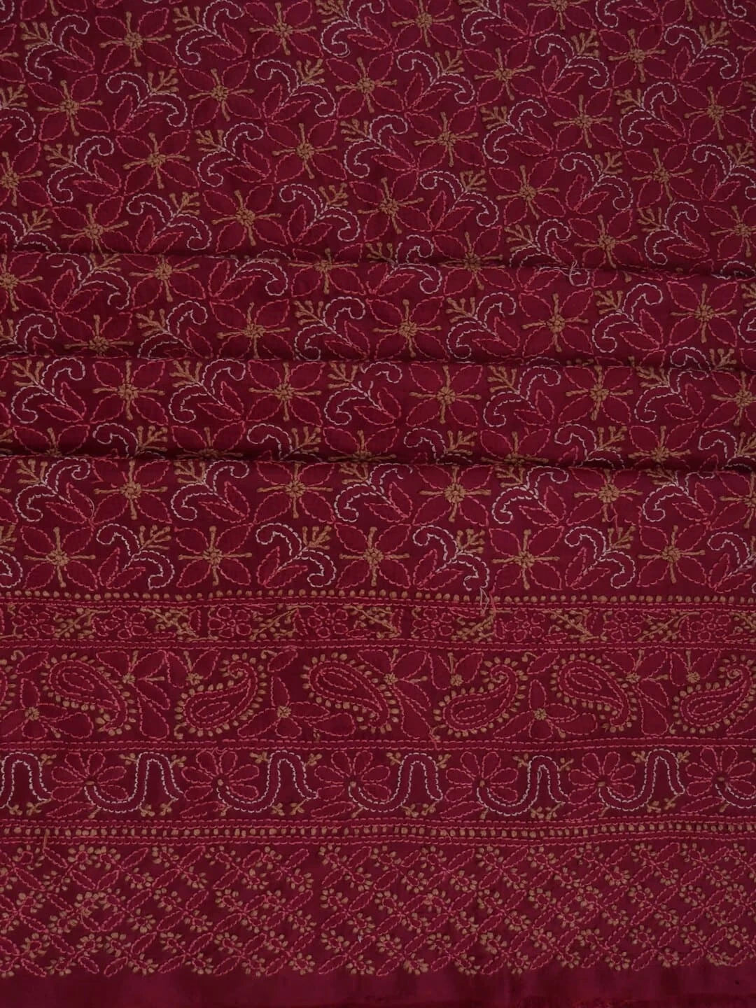 Ada Hand Embroidered Maroon Silk Lucknowi Chikankari Unstitched Kurta Piece 01A235598