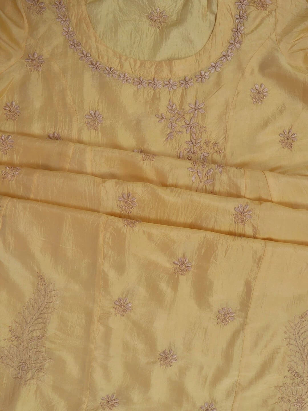 Ada Hand Embroidered Light Yellow Silk Lucknowi Chikankari Semi-Stitched Kurta Piece A623480