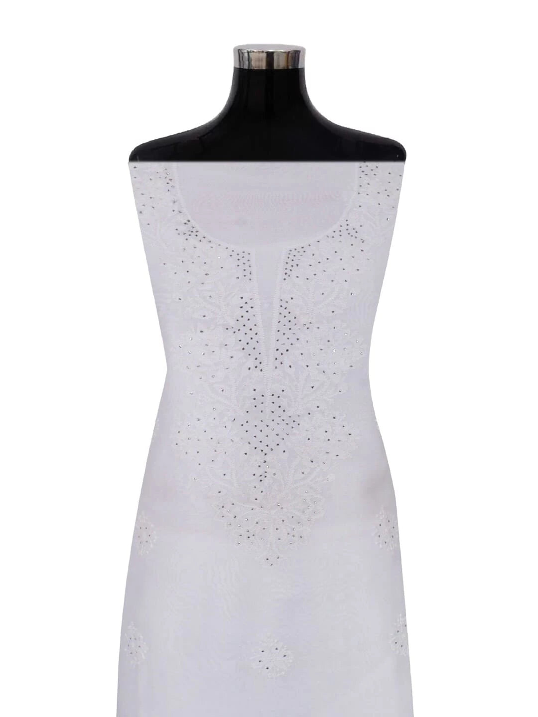 Ada Hand Embroidered White Chanderi Lucknowi Chikankari Unstitched Kurta Piece With Muqaish Work A617680