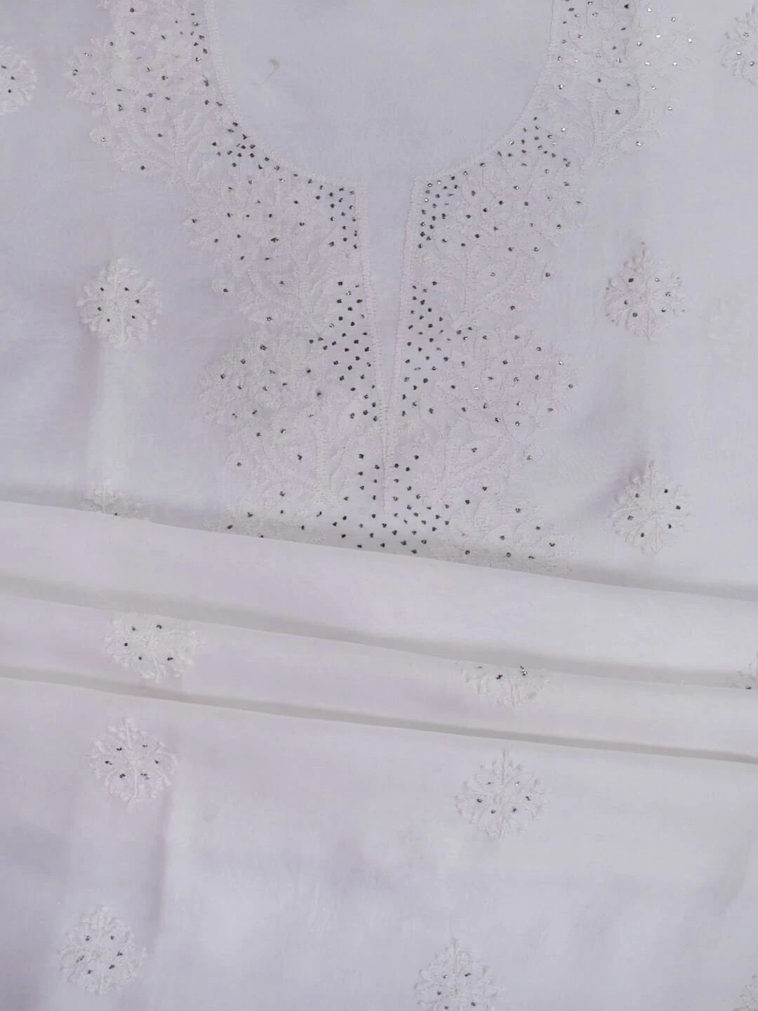 Ada Hand Embroidered White Chanderi Lucknowi Chikankari Unstitched Kurta Piece With Muqaish Work A617680