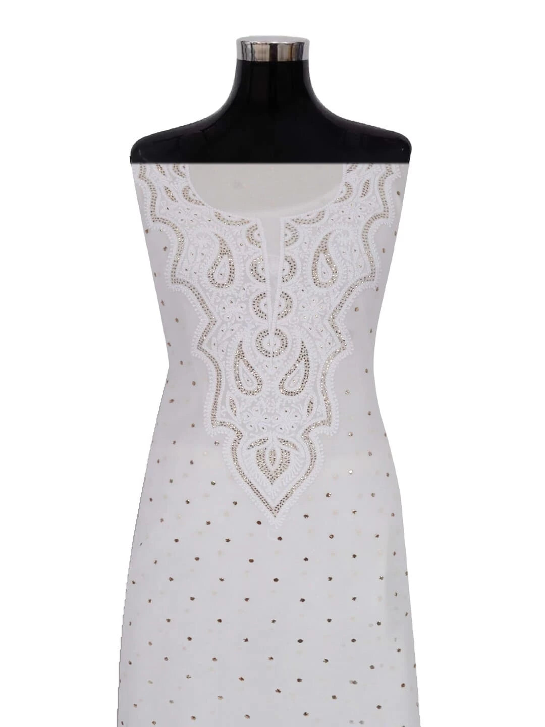 Ada Hand Embroidered White Georgette Lucknowi Chikankari Unstitched Kurta Piece With Muqaish Work 01A248205