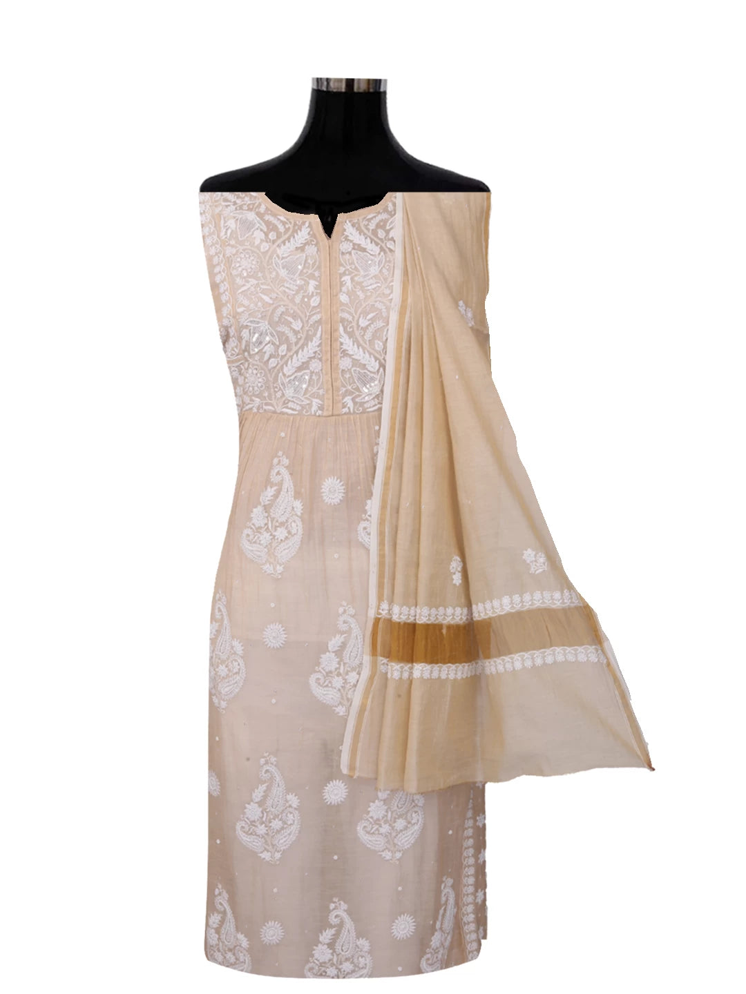 Ada Hand Embroidered Fawn Chanderi Lucknowi Chikankari Semi-Stitched Kurta Dupatta Set With Pearl Work 01A372897