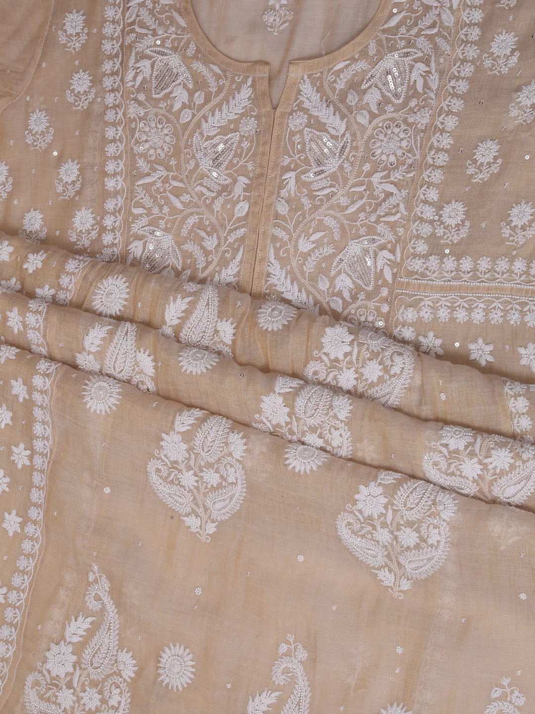 Ada Hand Embroidered Fawn Chanderi Lucknowi Chikankari Semi-Stitched Kurta Dupatta Set With Pearl Work 01A372897
