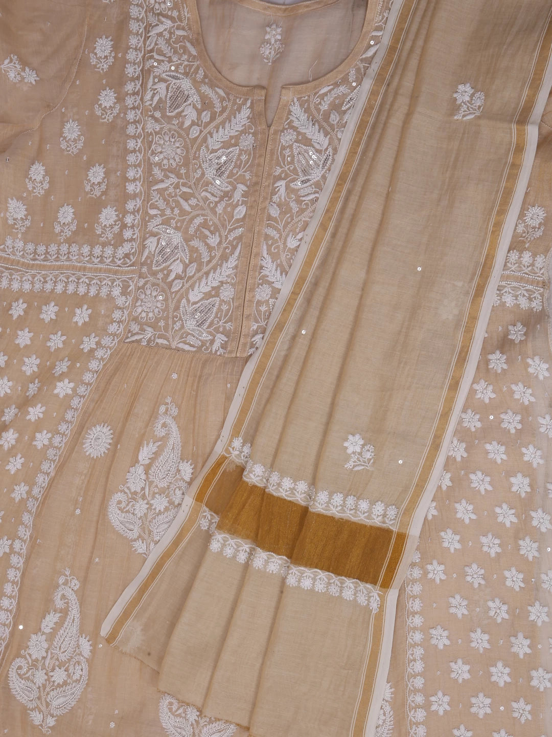 Ada Hand Embroidered Fawn Chanderi Lucknowi Chikankari Semi-Stitched Kurta Dupatta Set With Pearl Work 01A372897