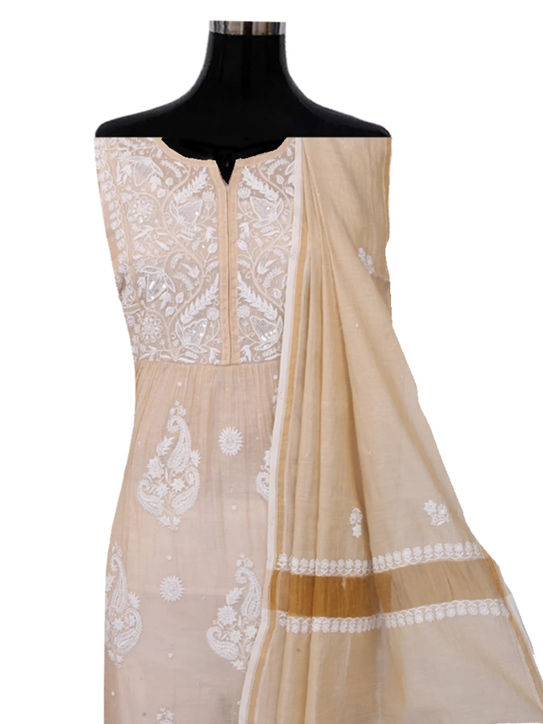 Ada Hand Embroidered Fawn Chanderi Lucknowi Chikankari Semi-Stitched Kurta Dupatta Set With Pearl Work 01A372897