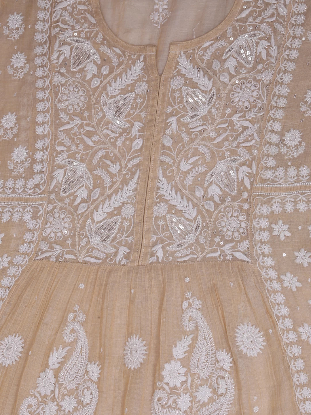Ada Hand Embroidered Fawn Chanderi Lucknowi Chikankari Semi-Stitched Kurta Dupatta Set With Pearl Work 01A372897