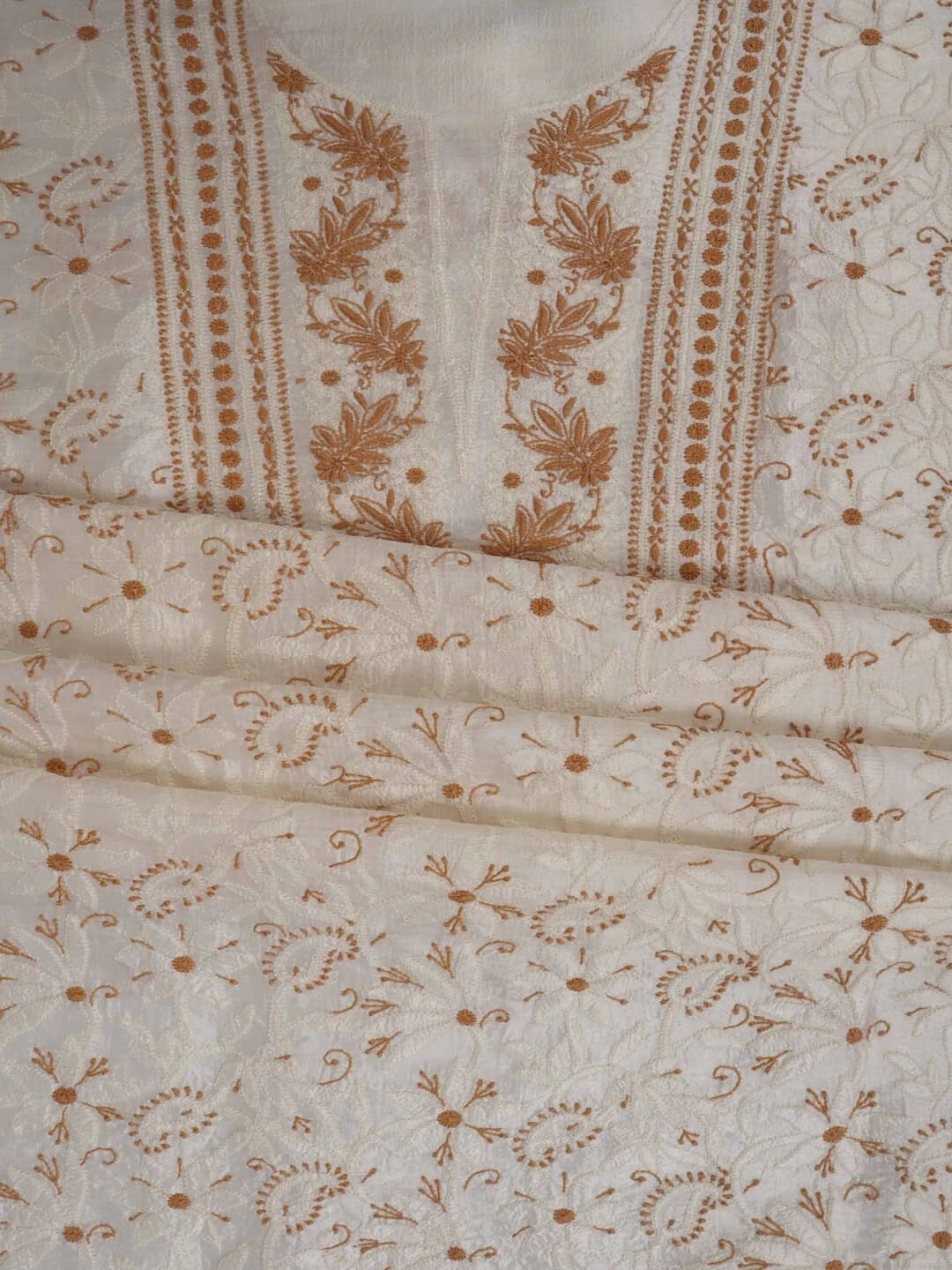 Ada Hand Embroidered Cream Silk Lucknowi Chikankari Unstitched Kurta Piece 01A233095