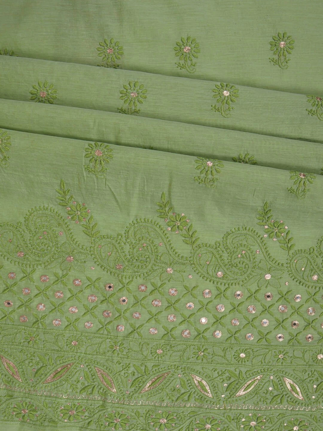 Ada Hand Embroidered Green Chanderi Lucknowi Chikankari Unstitched Kurta Piece With Zari Work 01A216055