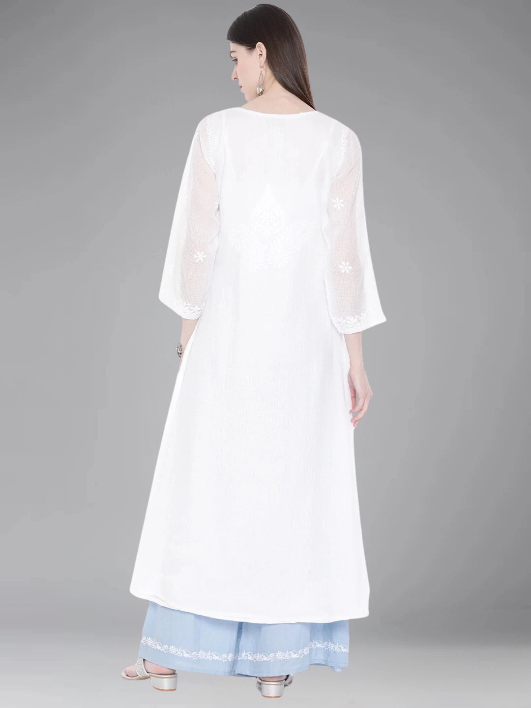 Ada Hand Embroidered White Kota Lucknowi Chikankari A-line Kurta A100213