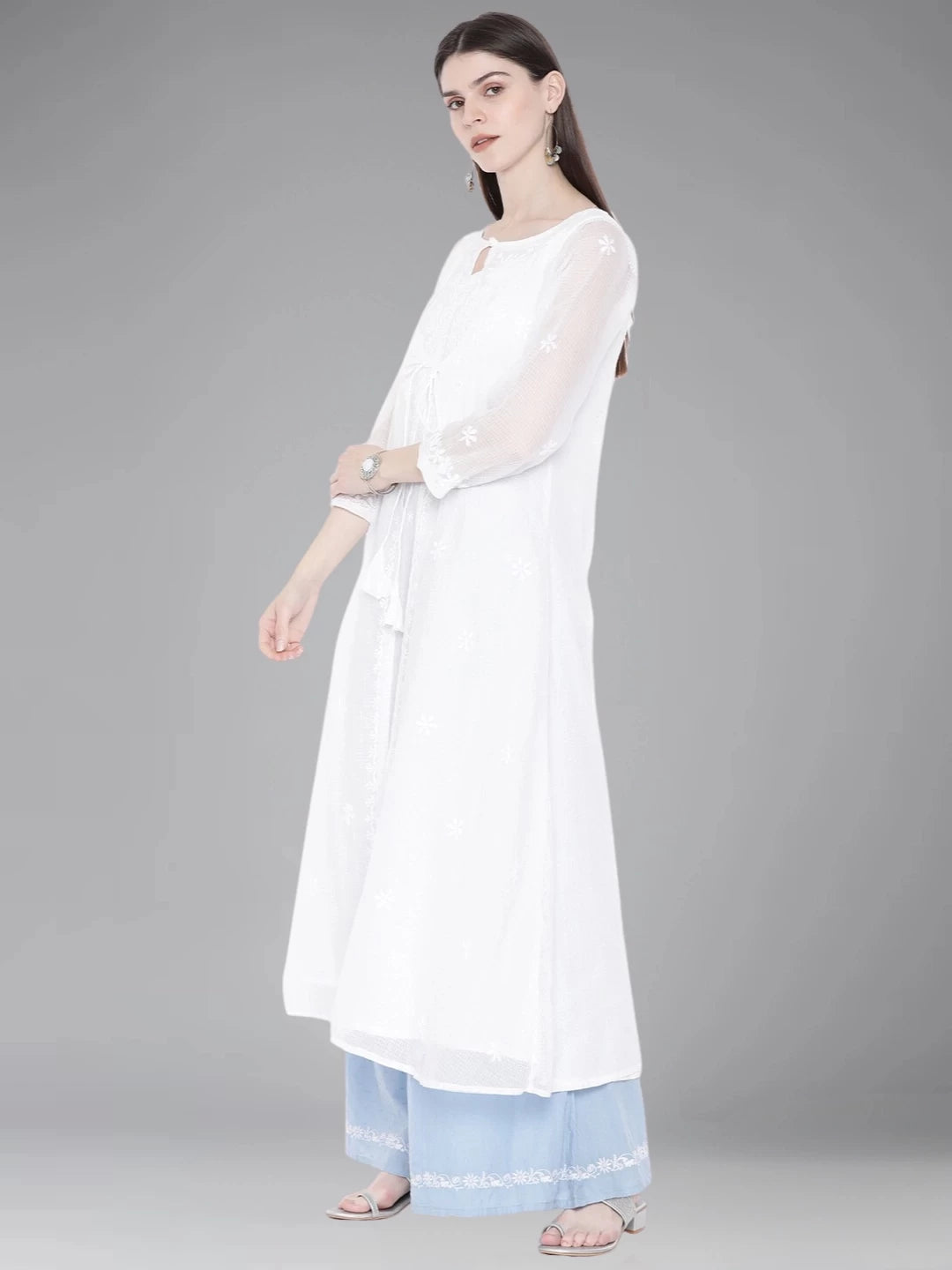 Ada Hand Embroidered White Kota Lucknowi Chikankari A-line Kurta A100213