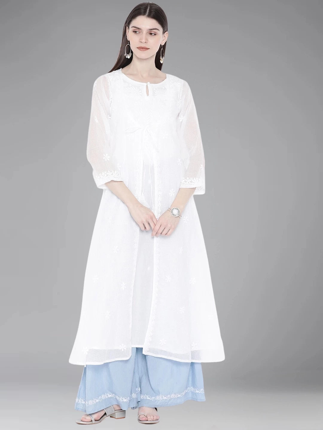 Ada Hand Embroidered White Kota Lucknowi Chikankari A-line Kurta A100213