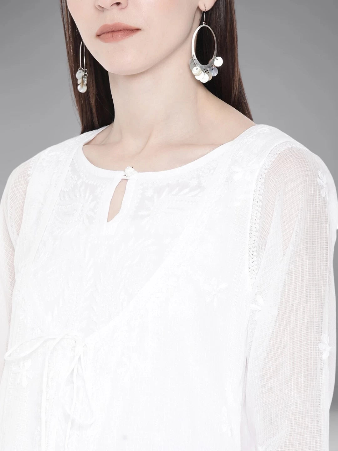 Ada Hand Embroidered White Kota Lucknowi Chikankari A-line Kurta A100213