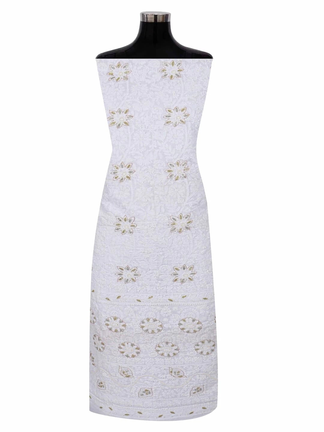Ada Hand Embroidered White Cotton Lucknowi Chikankari Unstitched Kurta Piece With Pearl Work A270472