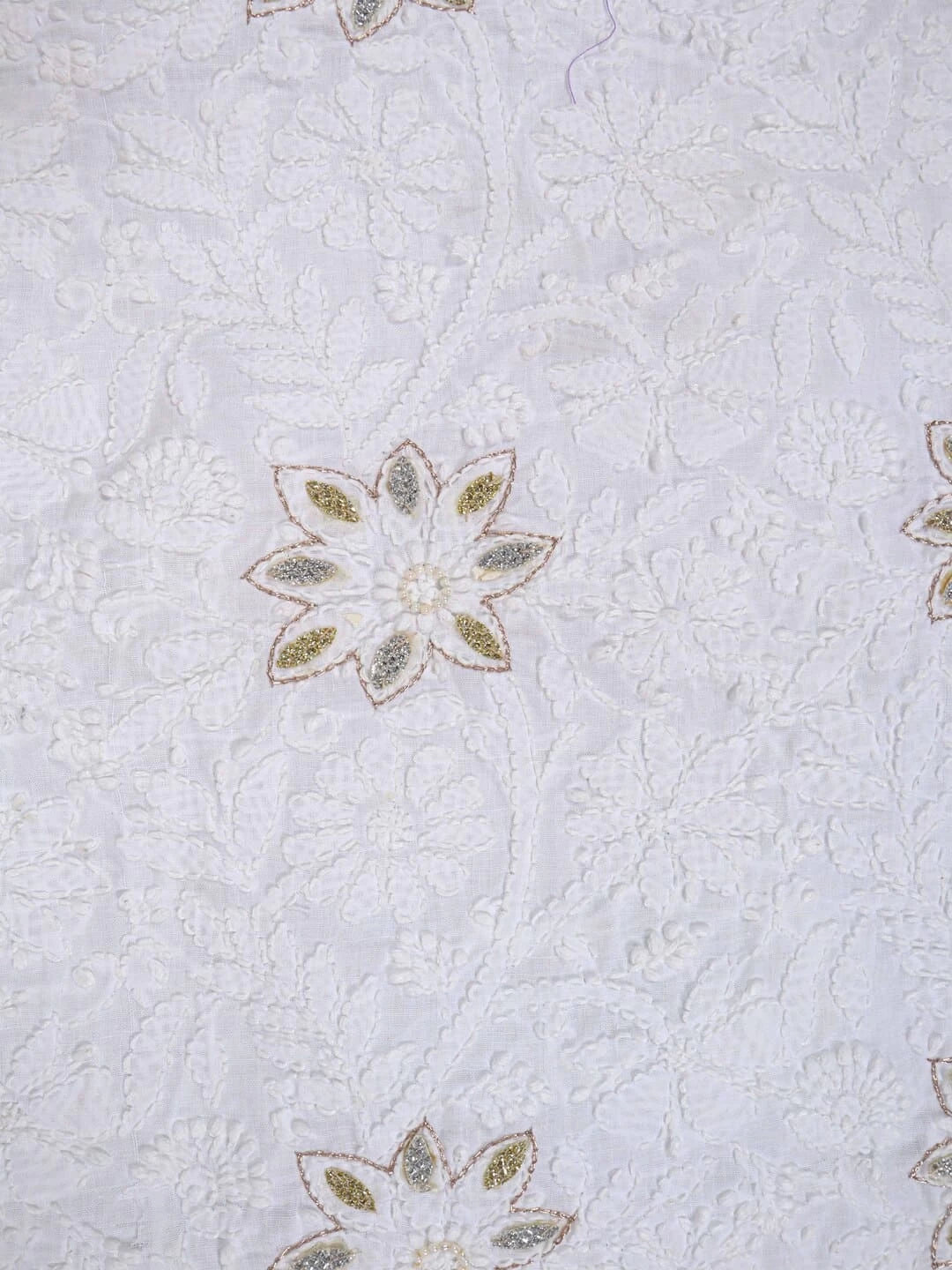 Ada Hand Embroidered White Cotton Lucknowi Chikankari Unstitched Kurta Piece With Pearl Work A270472
