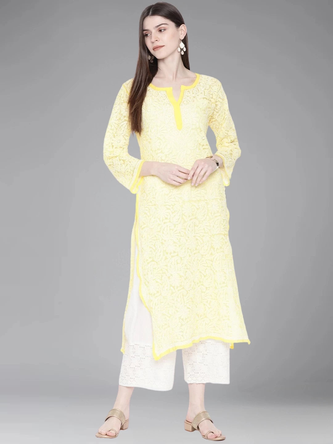 Ada Hand Embroidered Yellow Georgette Lucknowi Chikankari Straight Kurta A105260