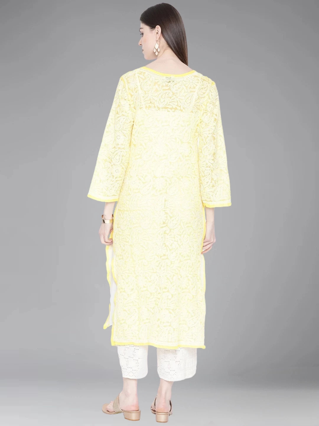 Ada Hand Embroidered Yellow Georgette Lucknowi Chikankari Straight Kurta A105260