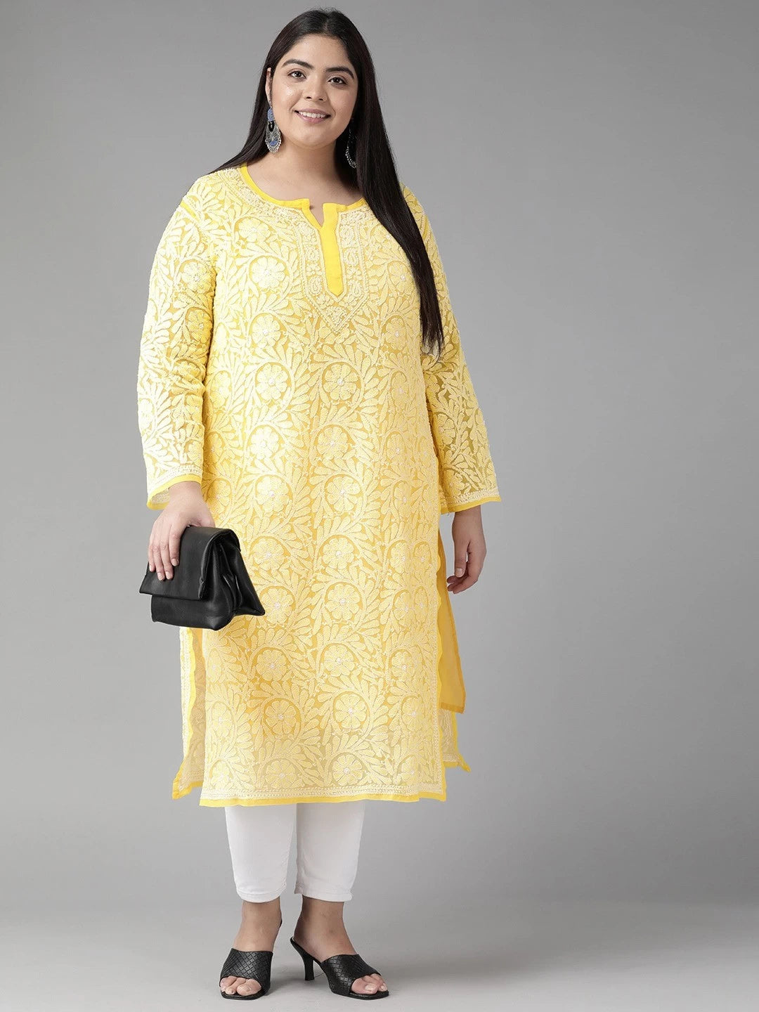 Ada Hand Embroidered Yellow Georgette Lucknowi Chikankari Straight Kurta A105260