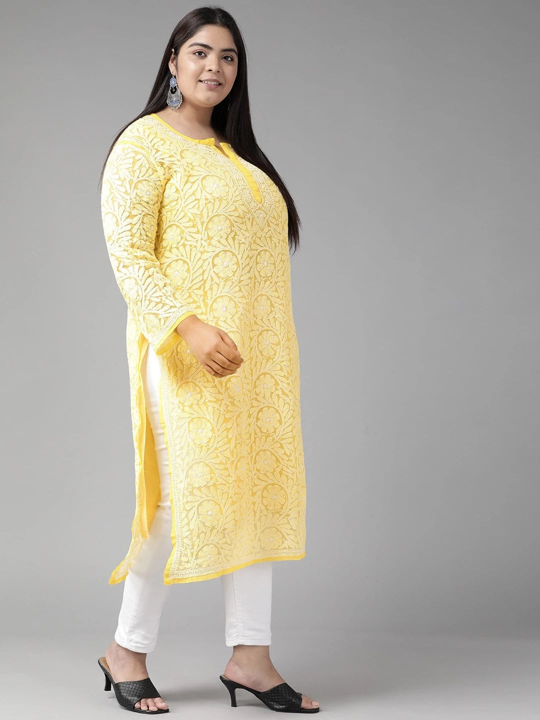 Ada Hand Embroidered Yellow Georgette Lucknowi Chikankari Straight Kurta A105260