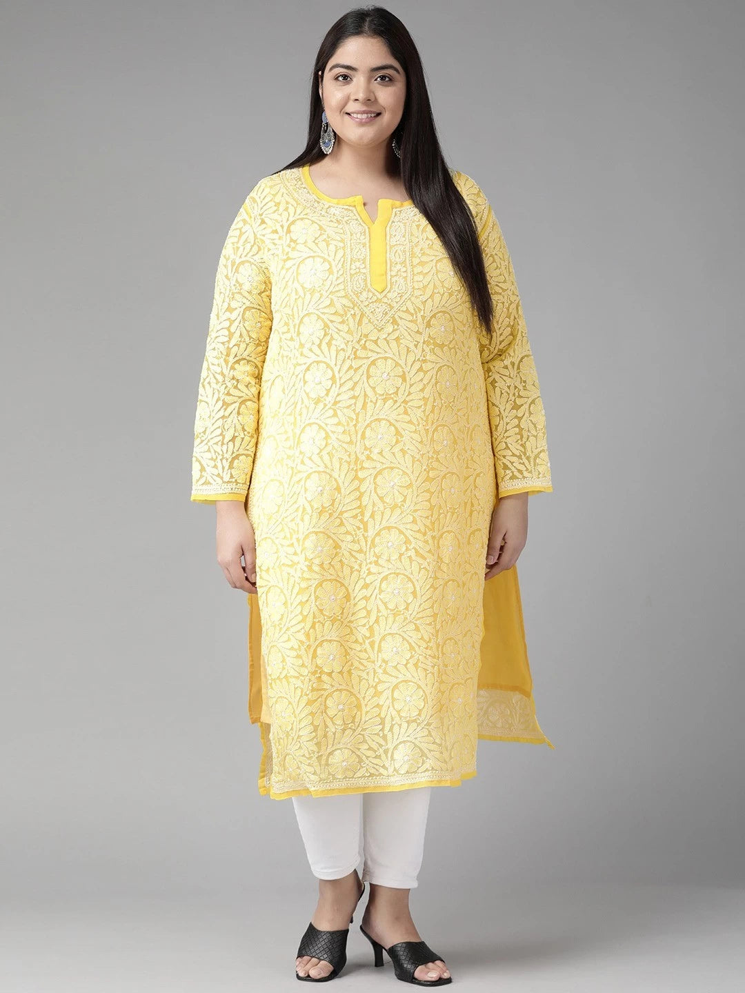 Ada Hand Embroidered Yellow Georgette Lucknowi Chikankari Straight Kurta A105260