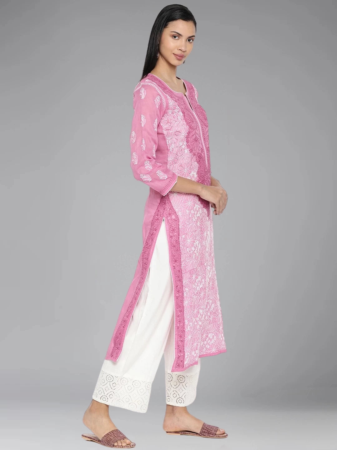 Ada Hand Embroidered Onion Pink Cotton Lucknowi Chikankari Straight Kurta A259245