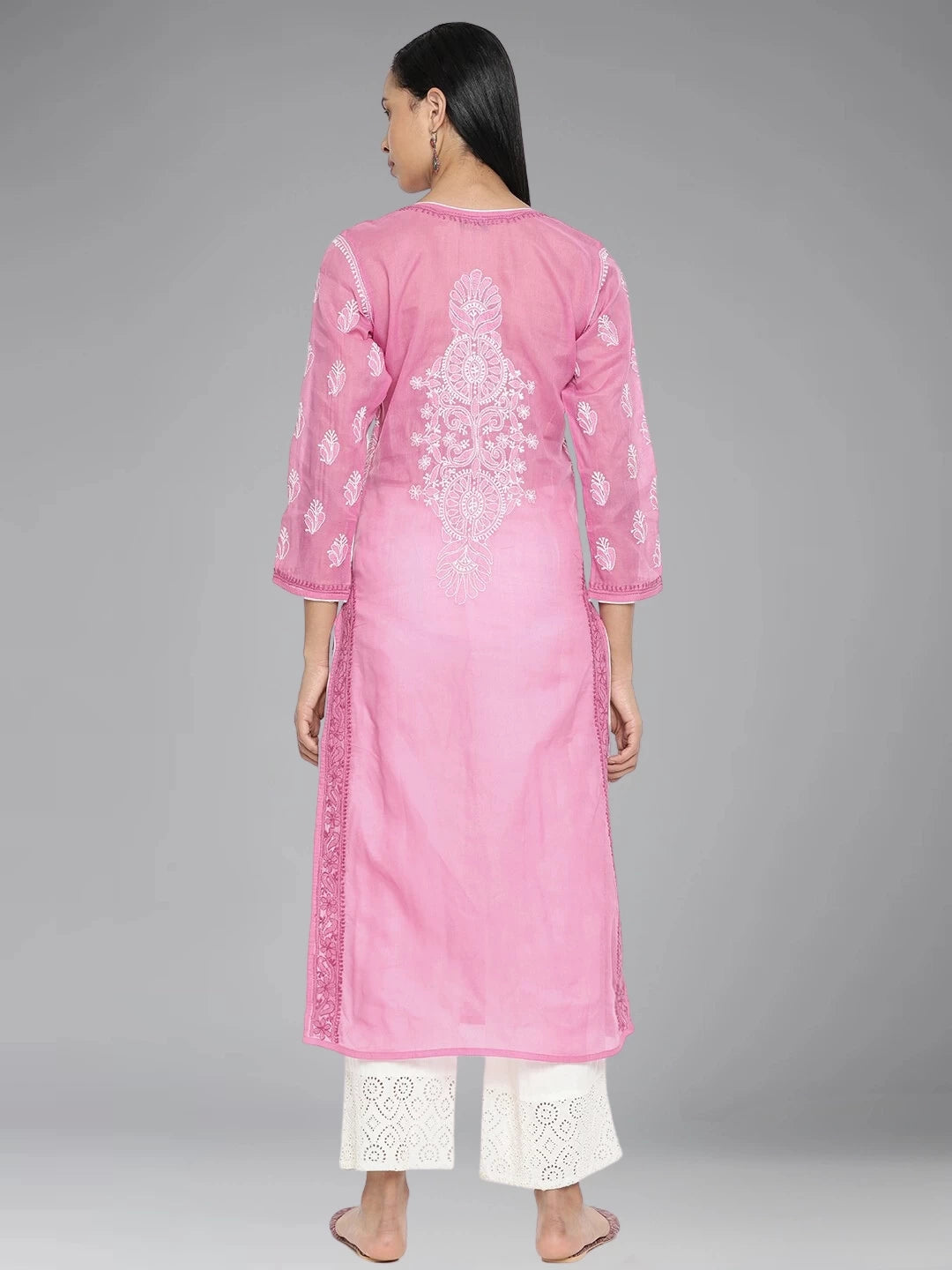Ada Hand Embroidered Onion Pink Cotton Lucknowi Chikankari Straight Kurta A259245