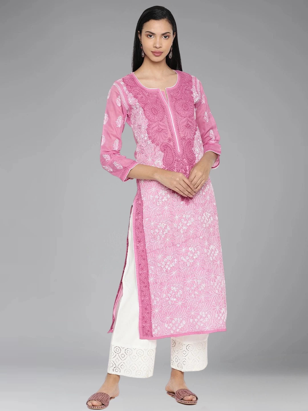 Ada Hand Embroidered Onion Pink Cotton Lucknowi Chikankari Straight Kurta A259245