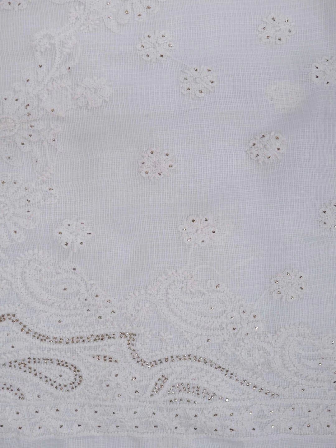 Ada Hand Embroidered White Kota Lucknowi Chikankari Unstitched Kurta Piece With Muqaish Work A623146