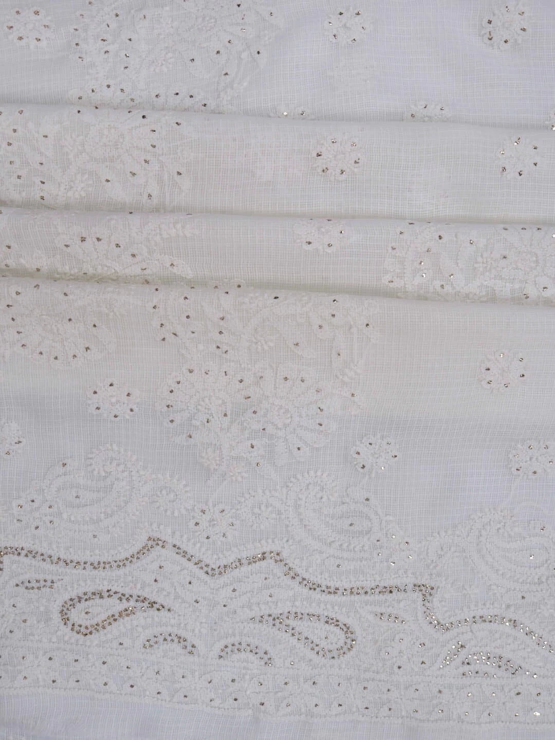 Ada Hand Embroidered White Kota Lucknowi Chikankari Unstitched Kurta Piece With Muqaish Work A623146