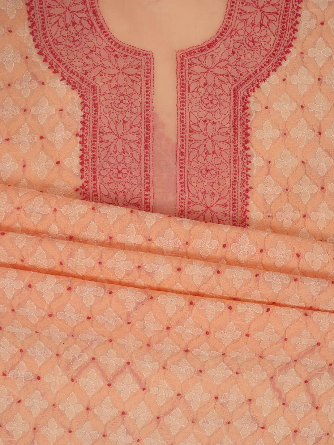 Ada Hand Embroidered Peach Cotton Lucknowi Chikankari Unstitched Kurta Piece 01A254574