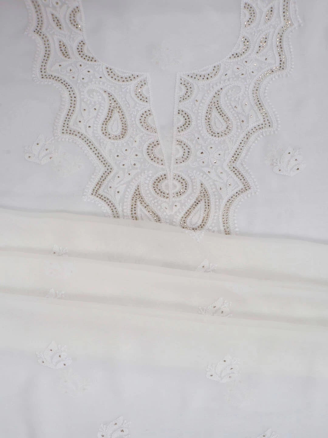 Ada Hand Embroidered White Georgette Lucknowi Chikankari Unstitched Kurta Piece With Muqaish Work 01A221101