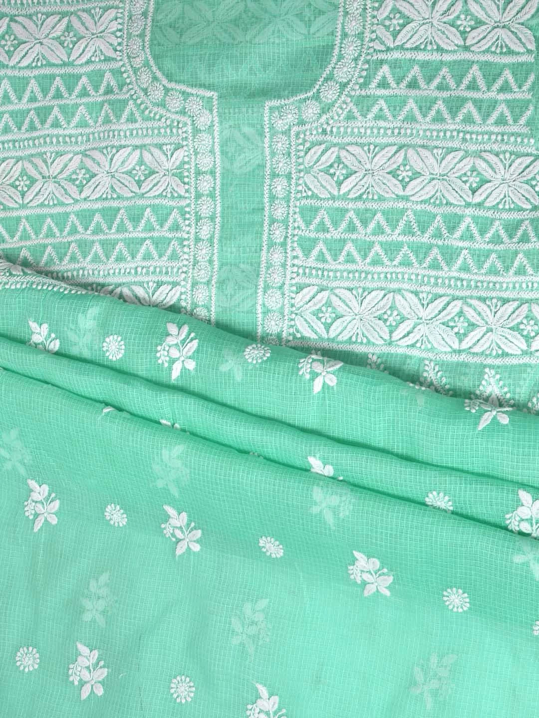 Ada Hand Embroidered Sea Green Kota Lucknowi Chikankari Unstitched Kurta Piece 01A348009