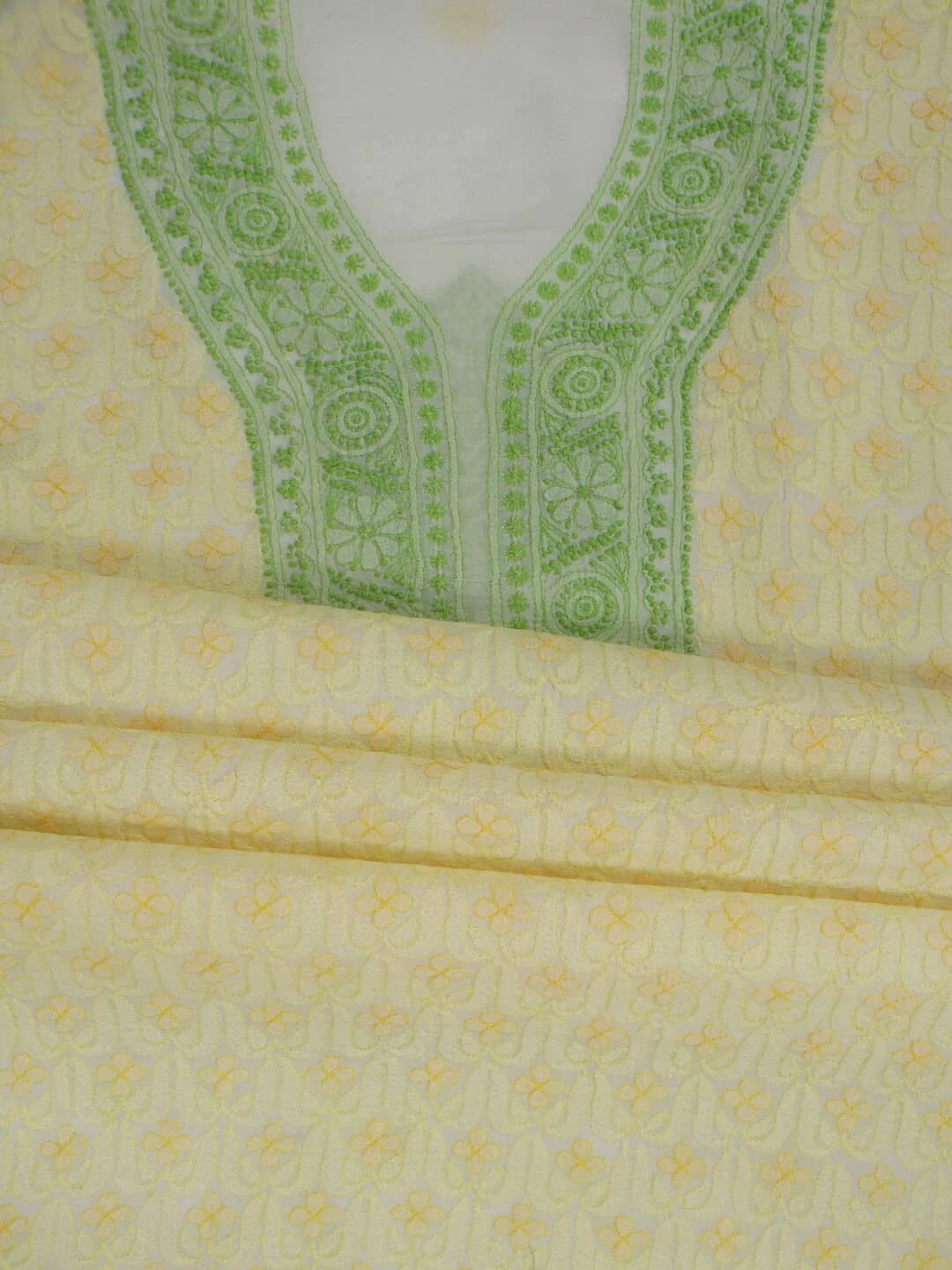 Ada Hand Embroidered Lemon Cotton Lucknowi ChikanKari Unstitched Kurta Piece 01A204271