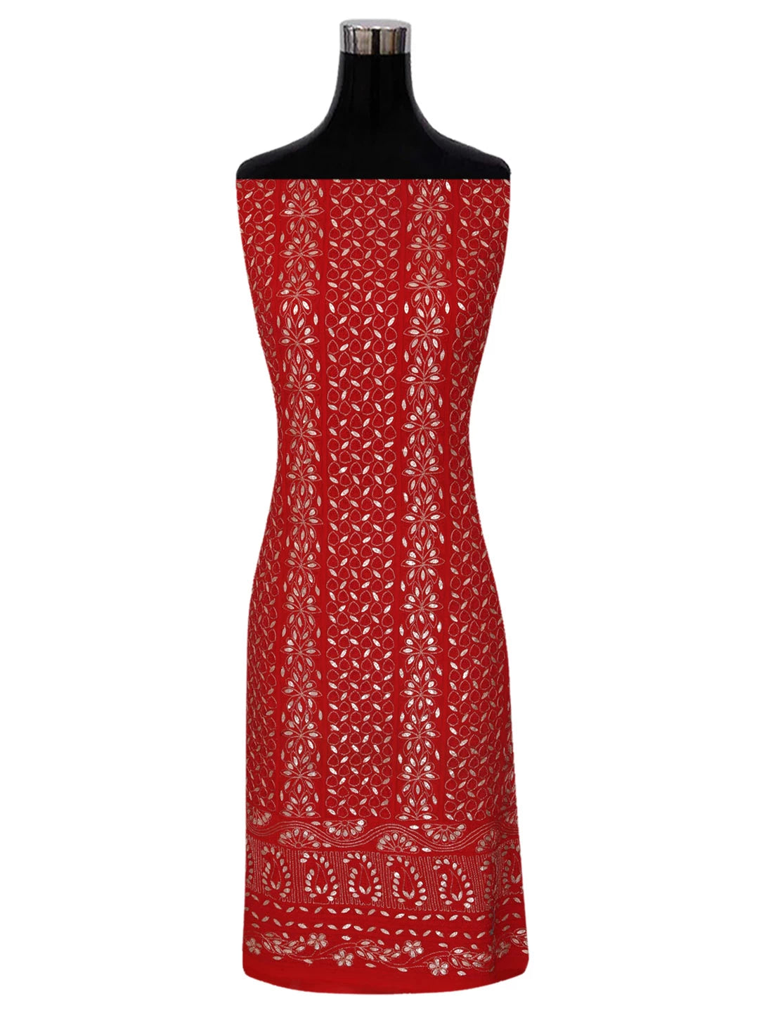 Ada Hand Embroider Blood Red Georgette Lucknowi Chikankari Unstitched Kurta Piece With Gota Patti Work 01A234002