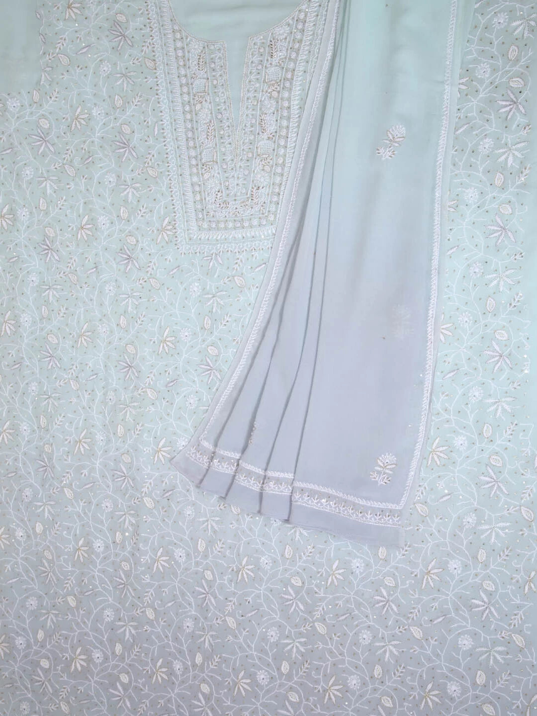 Ada Hand Embroidered Ice Blue Pure Georgette Lucknowi Chikankari Unstitched Kurta Dupatta Set With Cutdana Work 01A318097