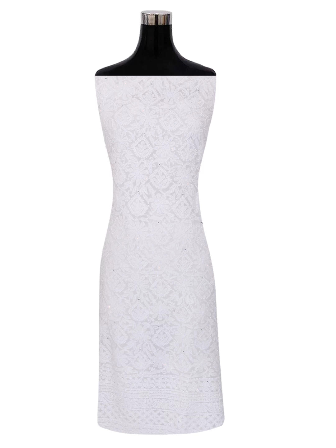 Ada Hand Embroidered White Georgette Lucknowi Chikankari Unstitched Kurta Dupatta Set With Pearl Work 01A357963