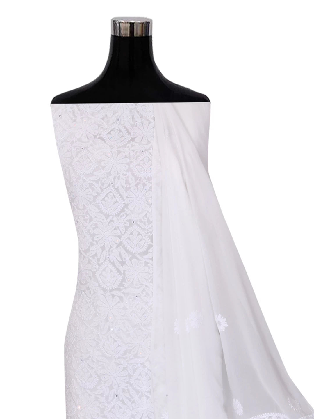 Ada Hand Embroidered White Georgette Lucknowi Chikankari Unstitched Kurta Dupatta Set With Pearl Work 01A357963