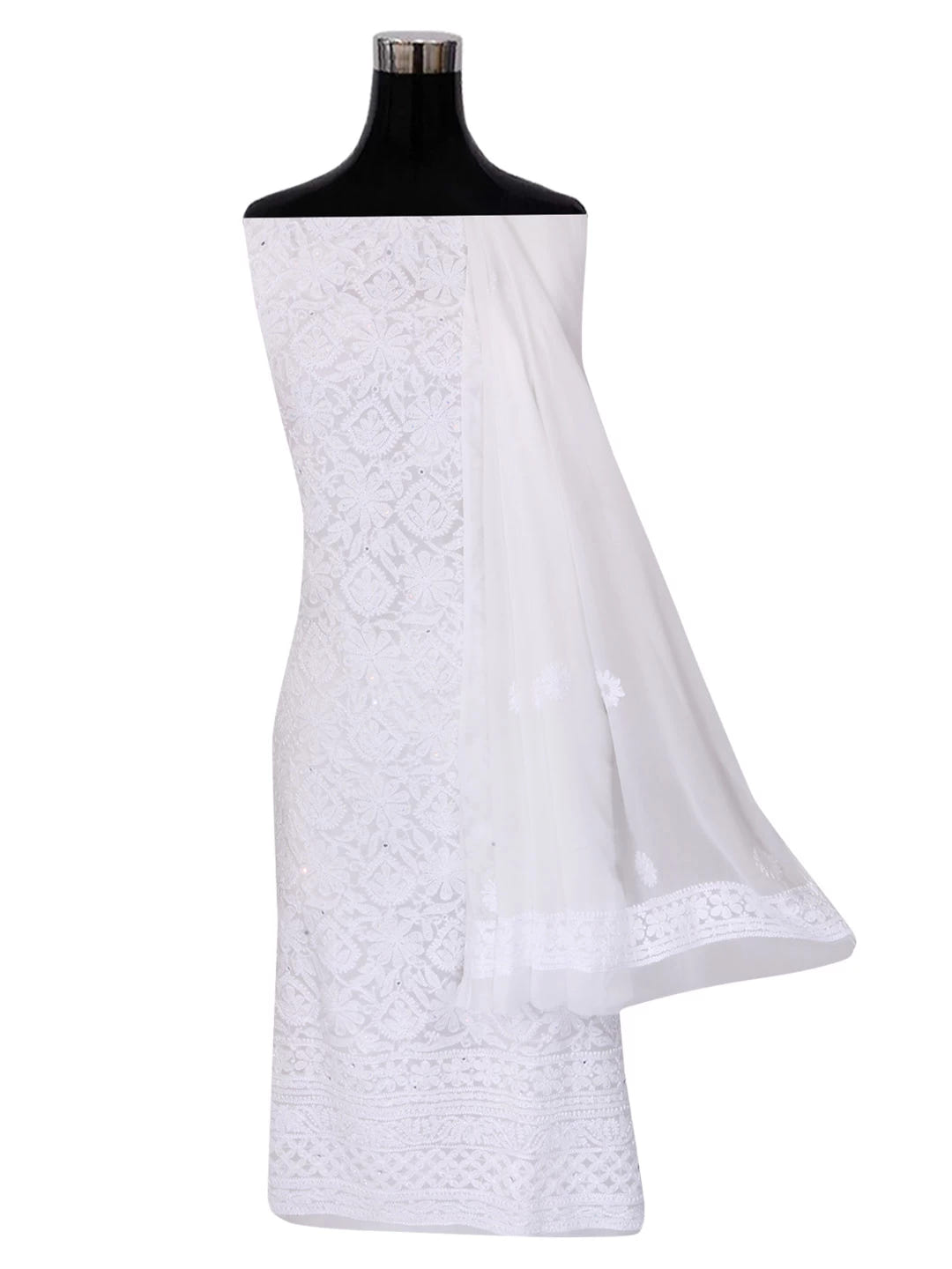 Ada Hand Embroidered White Georgette Lucknowi Chikankari Unstitched Kurta Dupatta Set With Pearl Work 01A357963