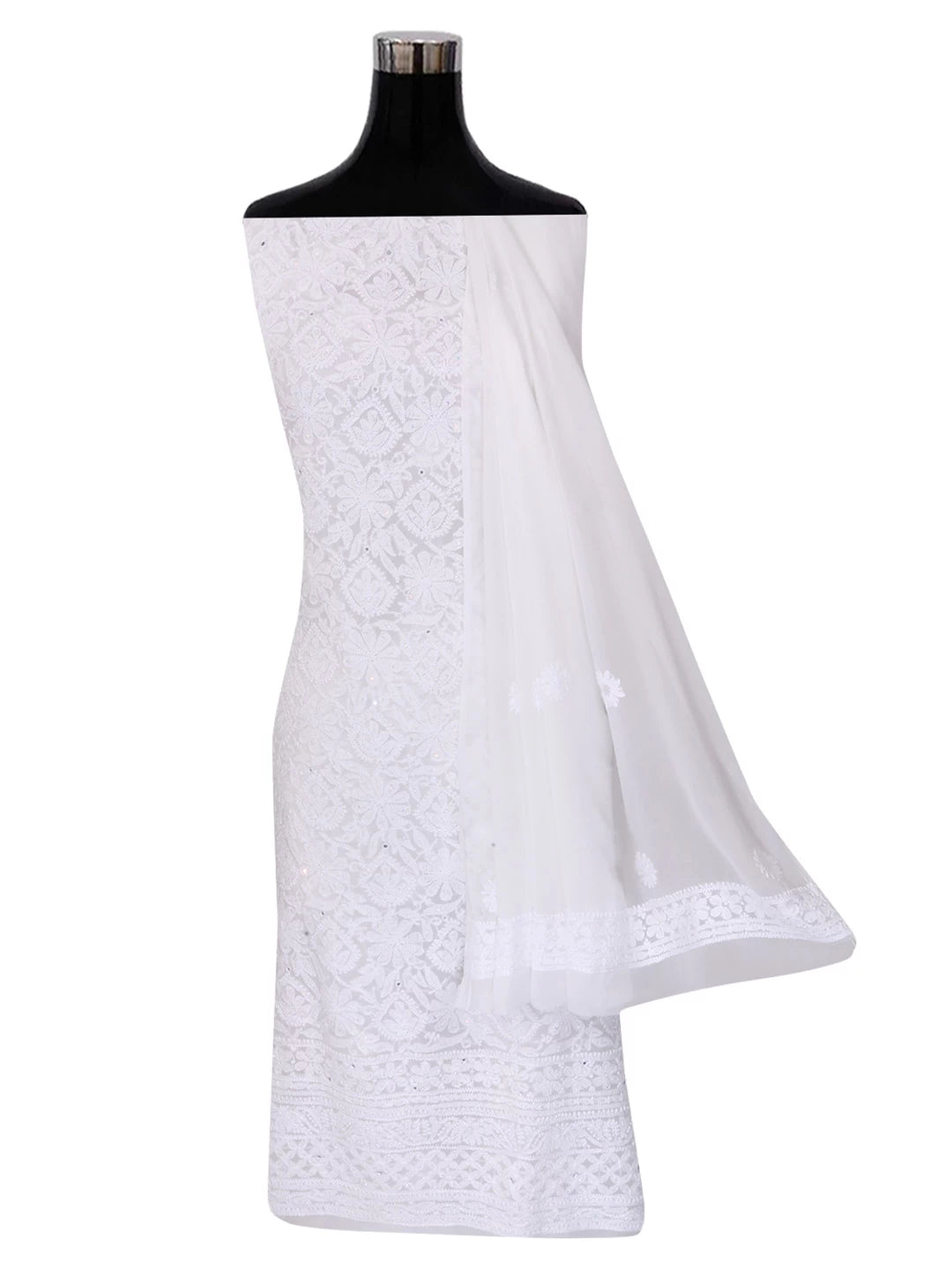 Ada Hand Embroidered White Georgette Lucknowi Chikankari Unstitched Kurta Dupatta Set With Pearl Work 01A357963