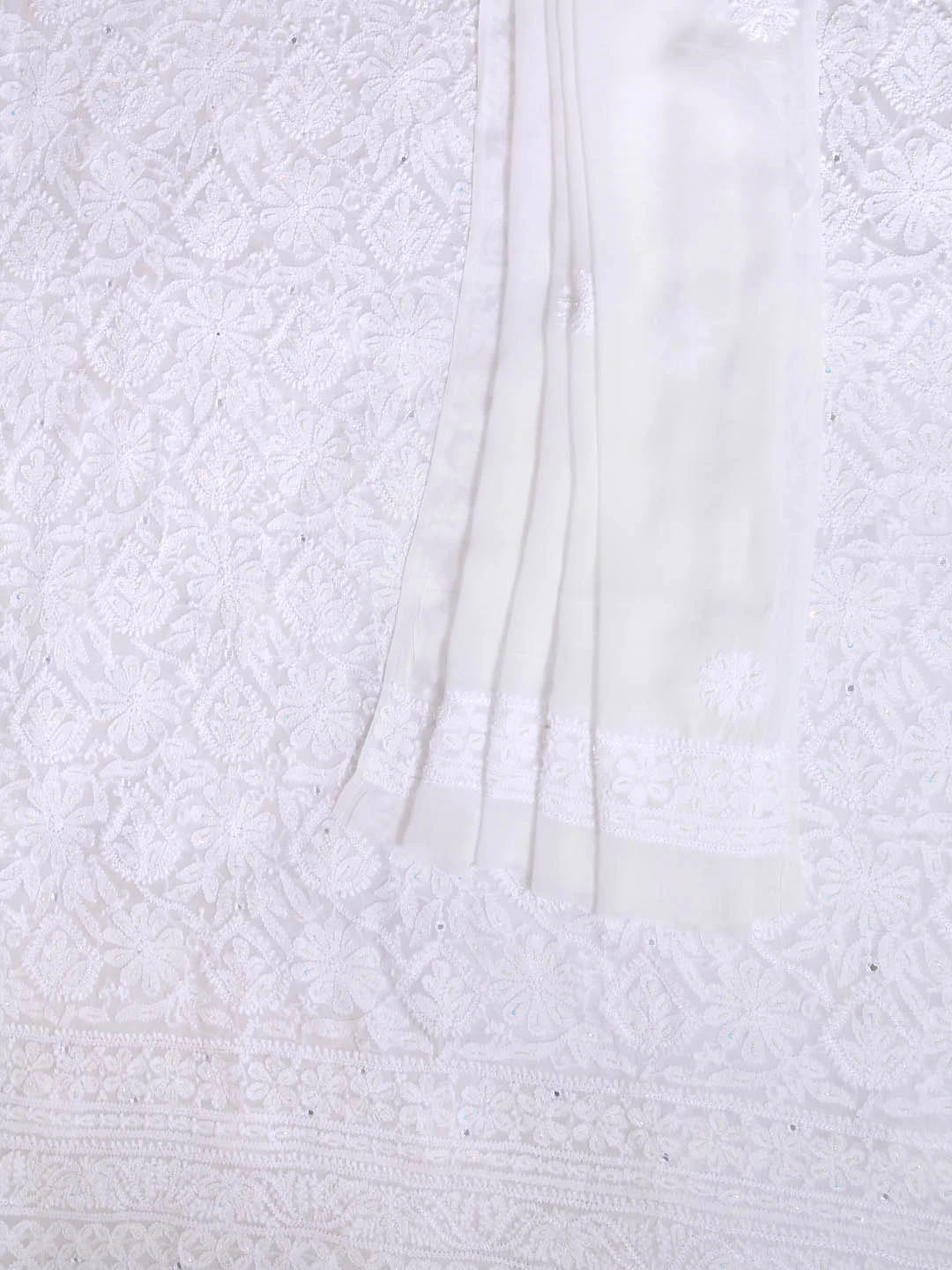 Ada Hand Embroidered White Georgette Lucknowi Chikankari Unstitched Kurta Dupatta Set With Pearl Work 01A357963