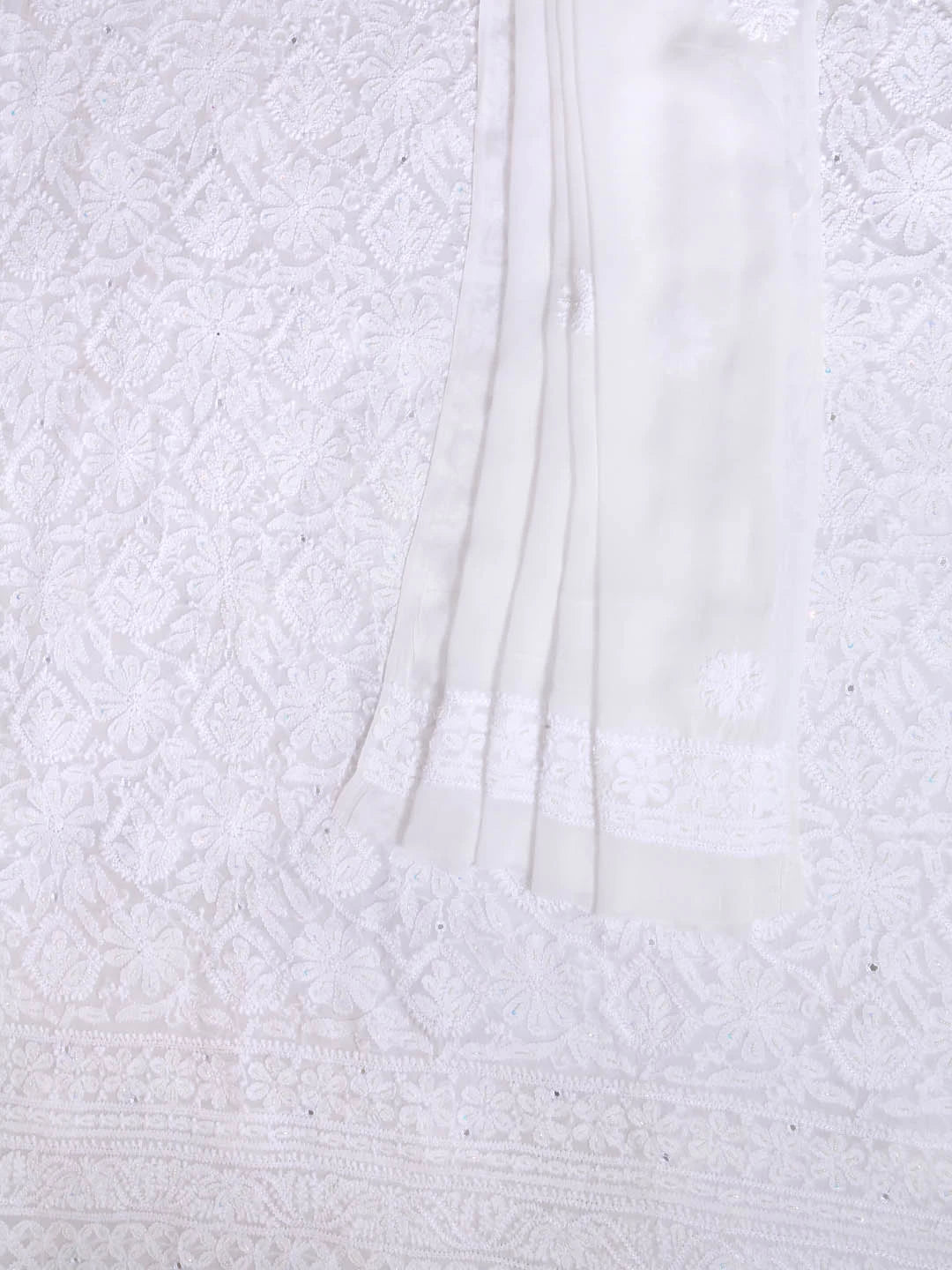 Ada Hand Embroidered White Georgette Lucknowi Chikankari Unstitched Kurta Dupatta Set With Pearl Work 01A357963