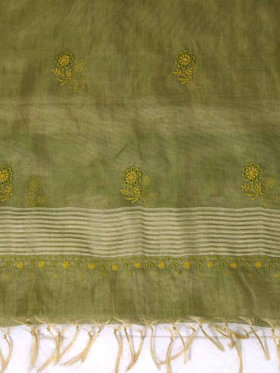 Ada Hand Embroidered Mehendi Green Tissue Lucknowi Chikankari Dupatta 01A256217