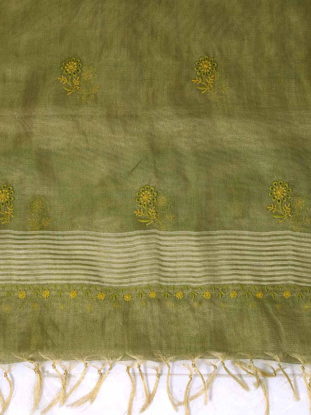 Ada Hand Embroidered Mehendi Green Tissue Lucknowi Chikankari Dupatta 01A256217