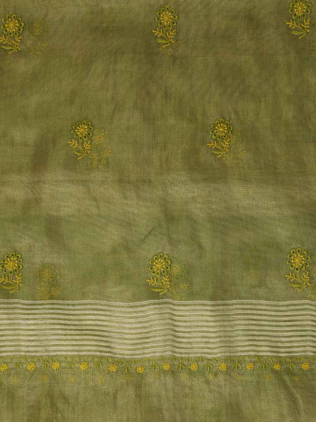 Ada Hand Embroidered Mehendi Green Tissue Lucknowi Chikankari Dupatta 01A256217