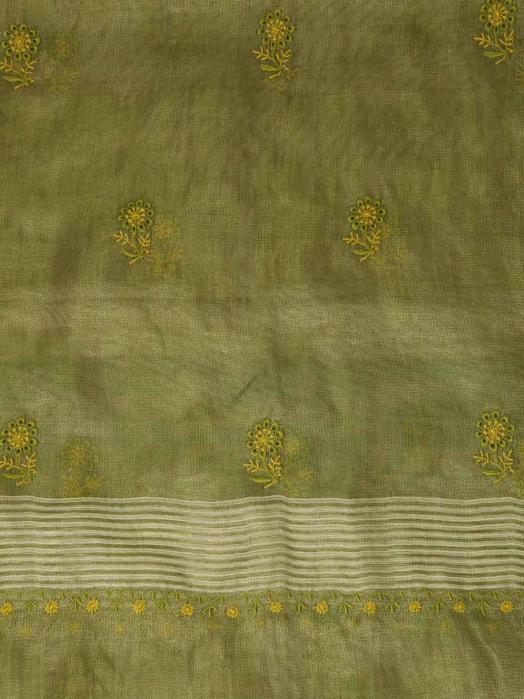 Ada Hand Embroidered Mehendi Green Tissue Lucknowi Chikankari Dupatta 01A256217
