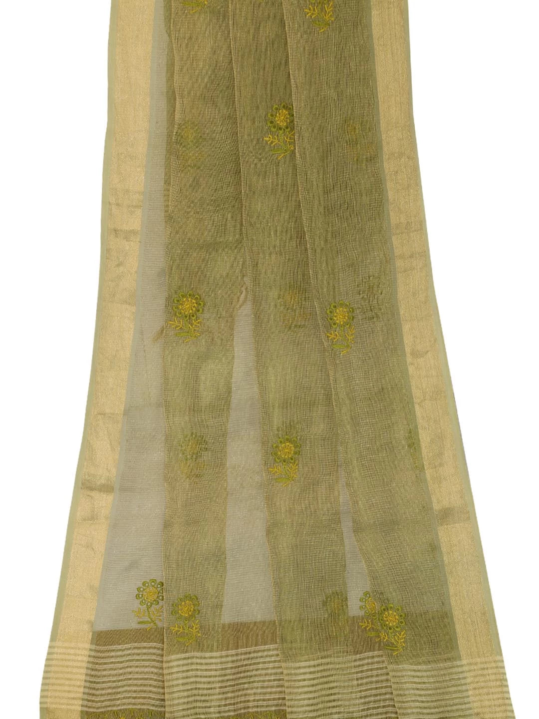 Ada Hand Embroidered Mehendi Green Tissue Lucknowi Chikankari Dupatta 01A256217