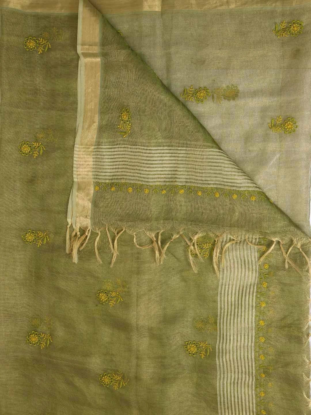 Ada Hand Embroidered Mehendi Green Tissue Lucknowi Chikankari Dupatta 01A256217