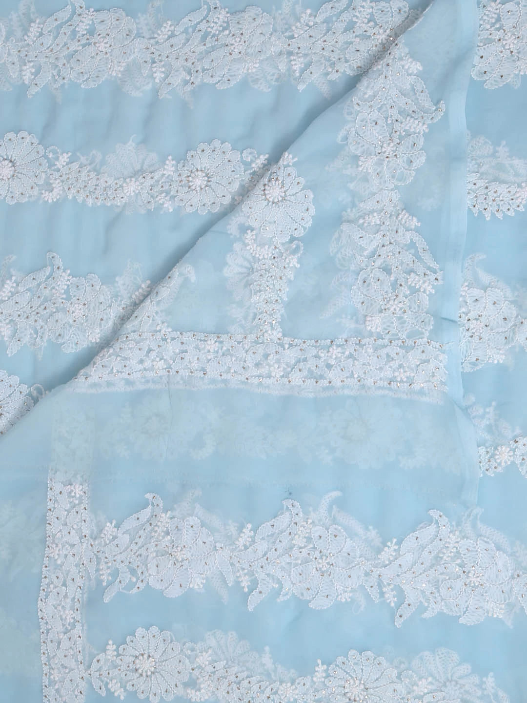 Ada Hand Embroidered Sky Blue Georgette Lucknowi Chikankari Dupatta With Muqaish Work 01A119463