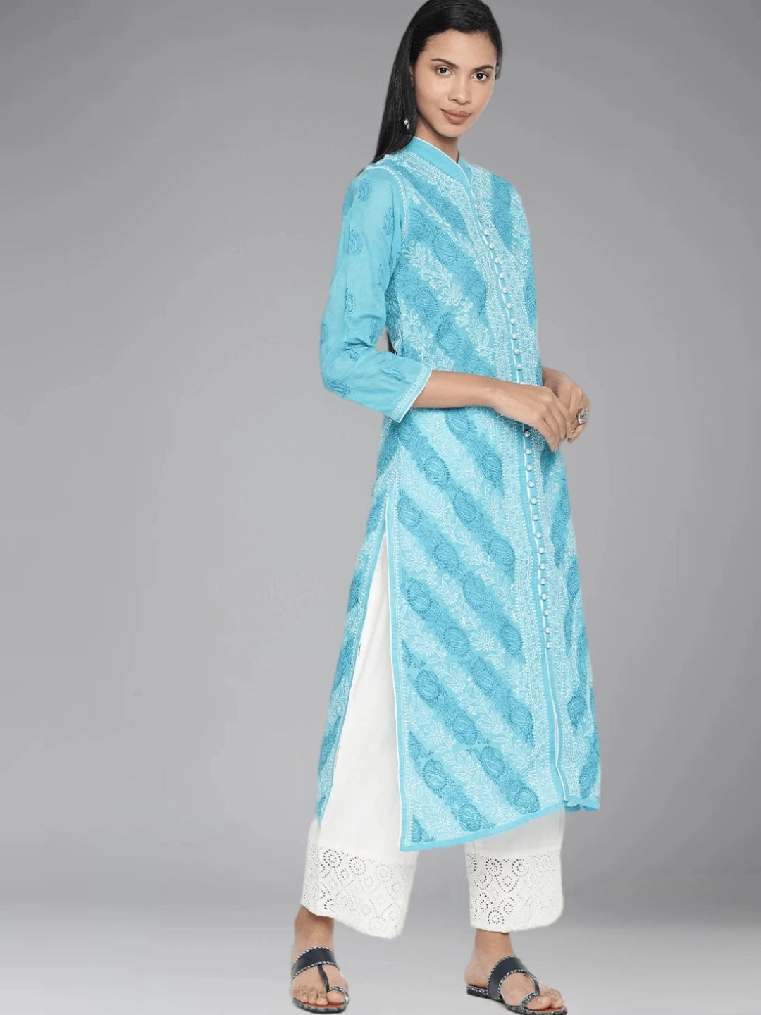 Ada Hand Embroidered Blue Cotton Lucknowi Chikankari Straight Kurta A239012