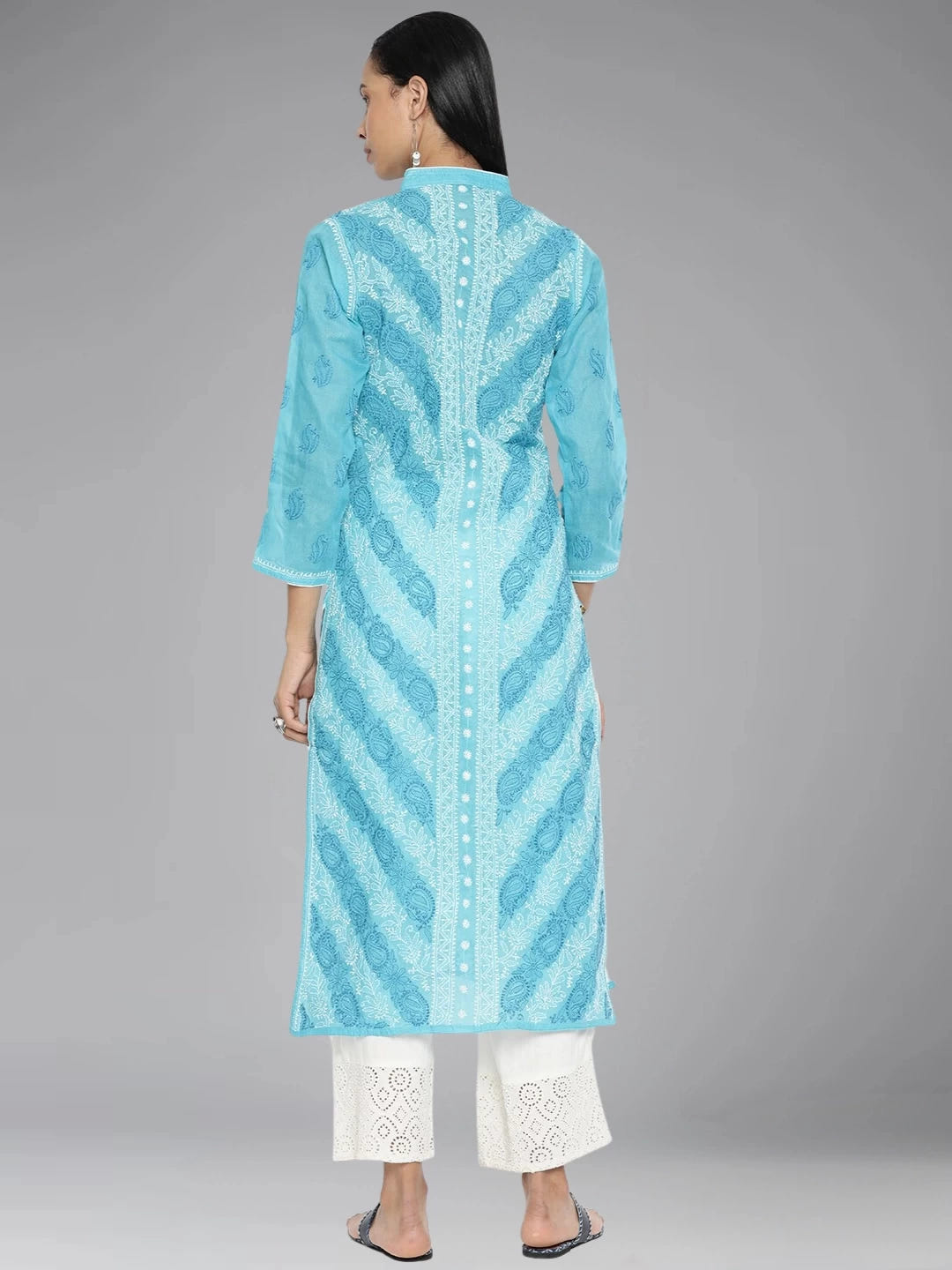 Ada Hand Embroidered Blue Cotton Lucknowi Chikankari Straight Kurta A239012