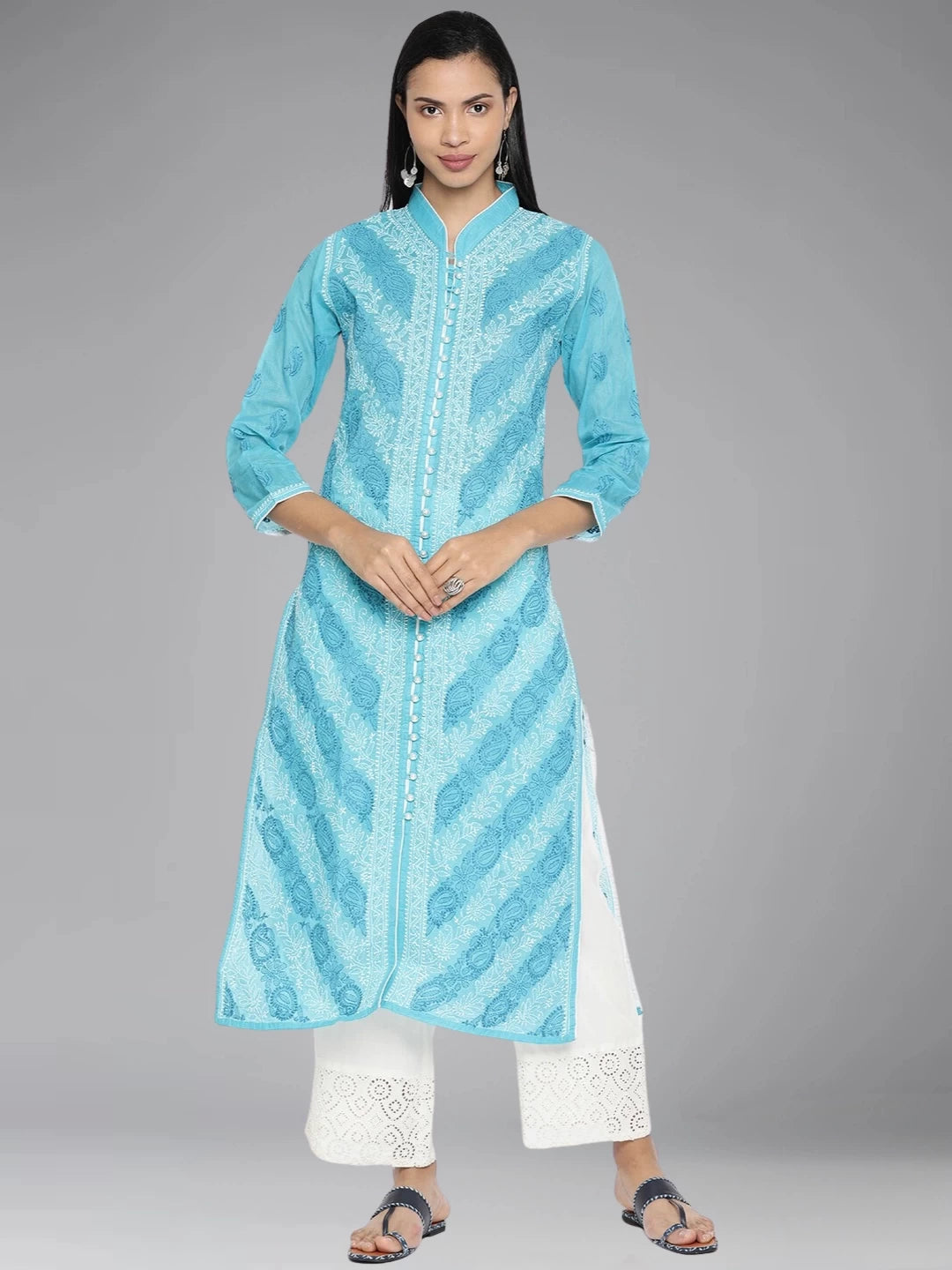 Ada Hand Embroidered Blue Cotton Lucknowi Chikankari Straight Kurta A239012